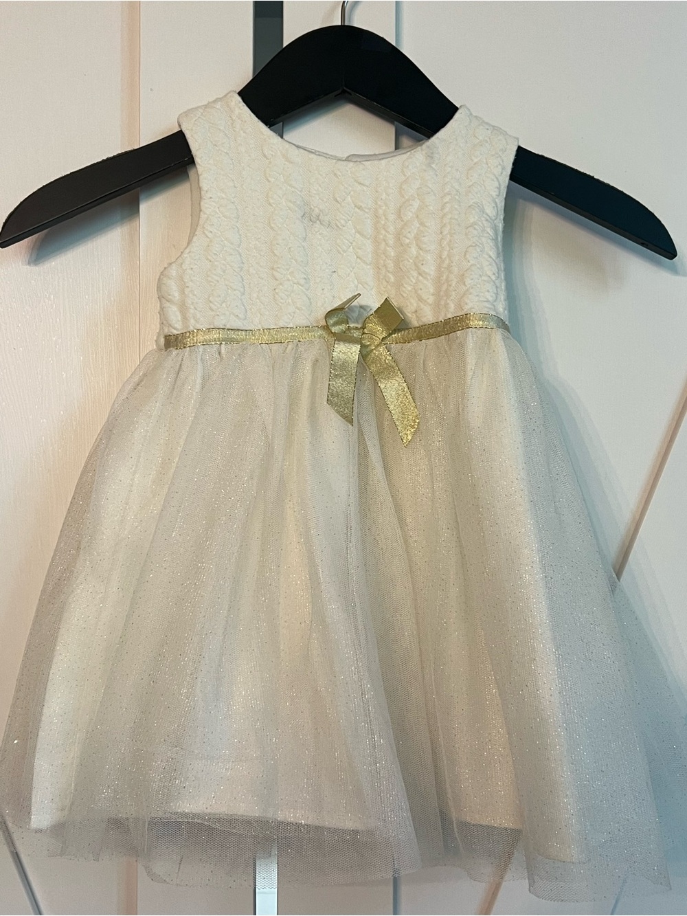 Blueberi Boulevard Cream Tulle Dress with Gold Bow